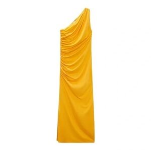 Zara Mustard Yellow Asymmetric Ruched One Shoulder Midi Dress
